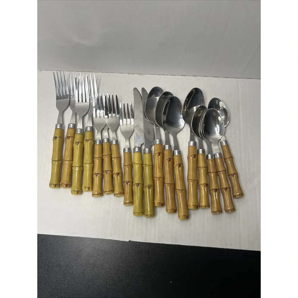 Vtg Faux Bamboo Plastic Handle Stainless Flatware 18 Pcs